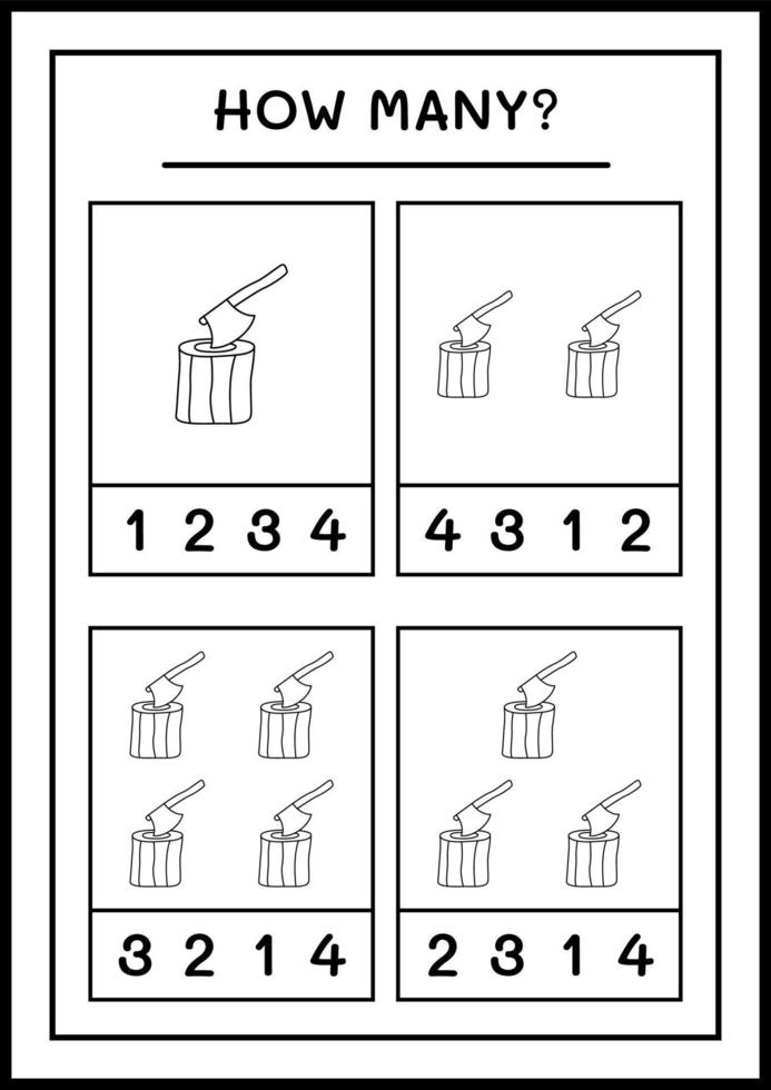 combien de souche avec hache, jeu pour enfants. illustration vectorielle, feuille de calcul imprimable vecteur