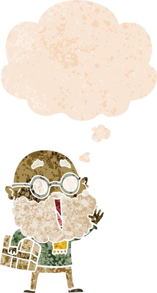 dessin animé homme joyeux avec barbe et colis sous le bras et bulle de pensée dans un style texturé rétro vecteur