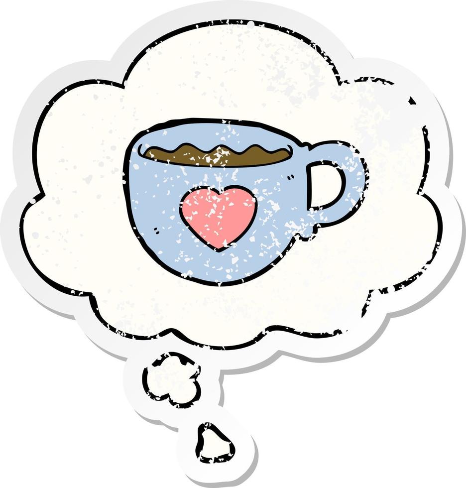 j'aime la tasse de dessin animé de café et la bulle de pensée comme un autocollant usé en détresse vecteur