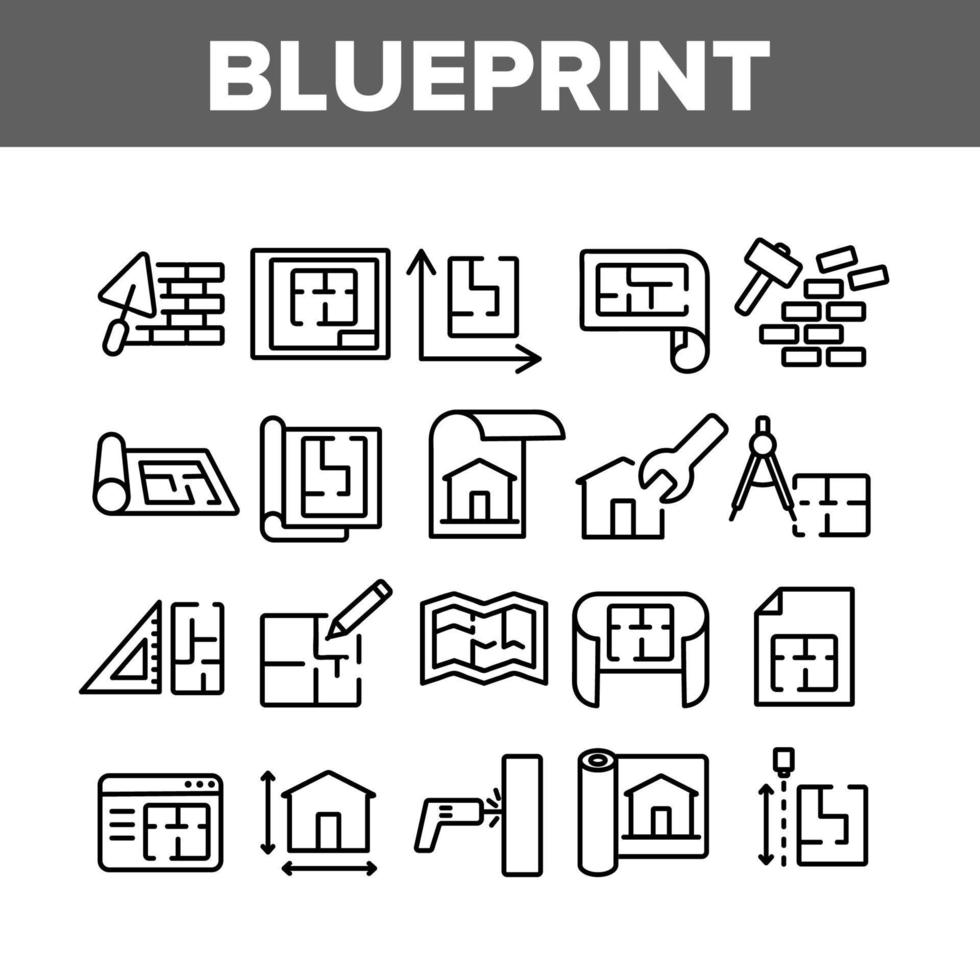 blueprint architecture collection icônes définies vecteur