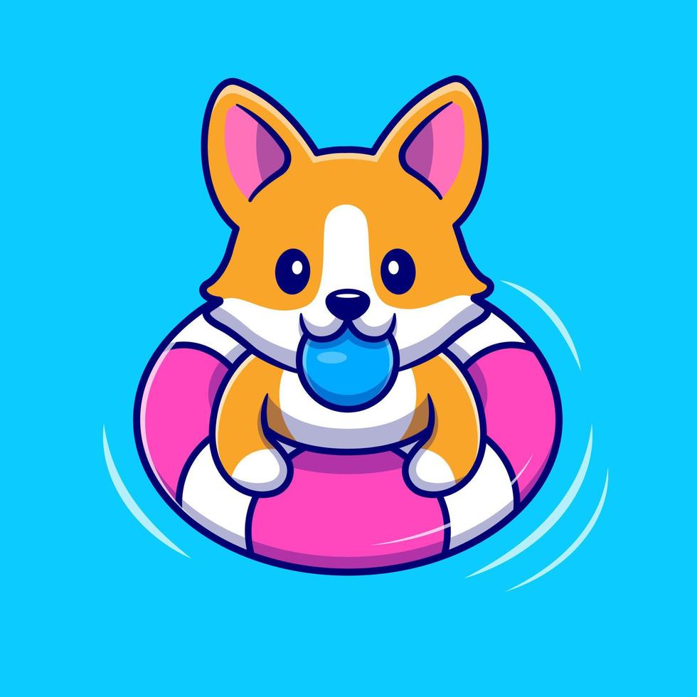 chien corgi mignon flottant avec illustration d'icône de vecteur de dessin animé de pneus de natation. concept d'icône de vacances animales isolé vecteur premium. style de dessin animé plat