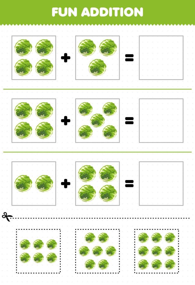 jeu éducatif pour les enfants ajout amusant par coupe et correspondance feuille de travail d'images de chou de légumes de dessin animé vecteur