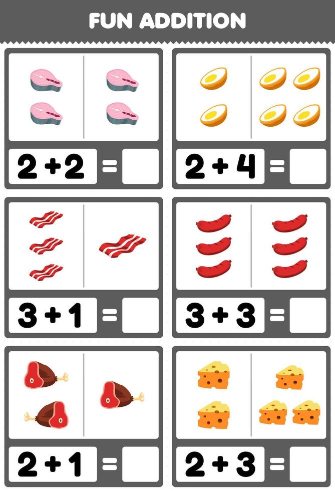 jeu éducatif pour les enfants addition amusante en comptant et en faisant la somme dessin animé nourriture saumon oeuf bacon saucisse boeuf fromage photos feuille de calcul vecteur