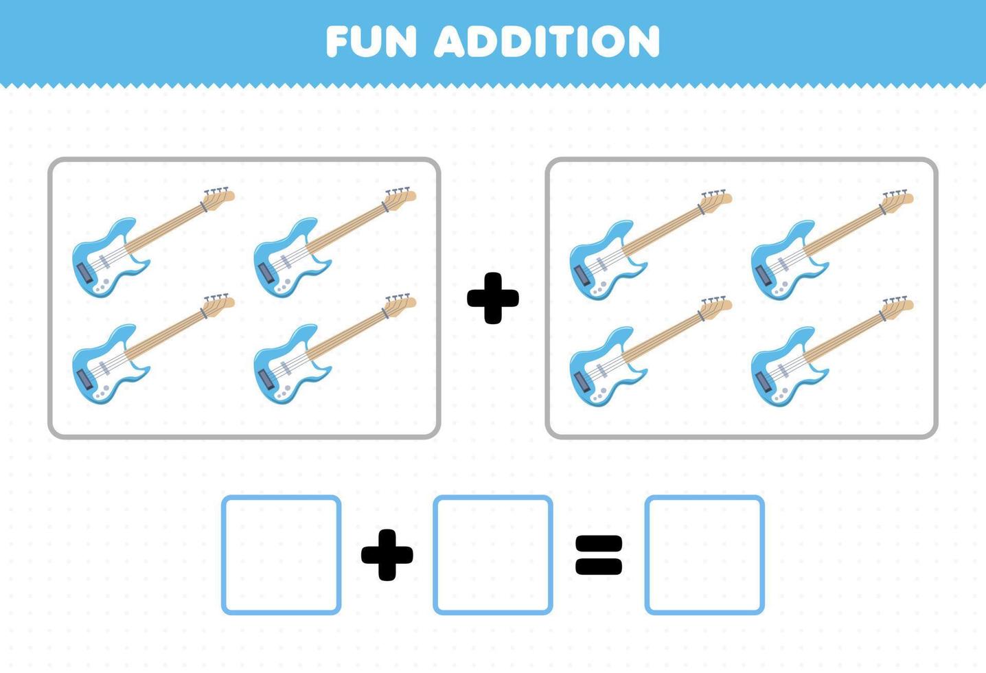 jeu éducatif pour les enfants ajout amusant en comptant la feuille de travail des images de basse d'instrument de musique de dessin animé vecteur