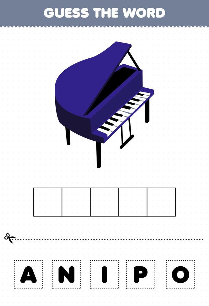 jeu d'éducation pour les enfants devinez le mot lettres pratiquant la feuille de travail imprimable de piano d'instrument de musique de dessin animé vecteur