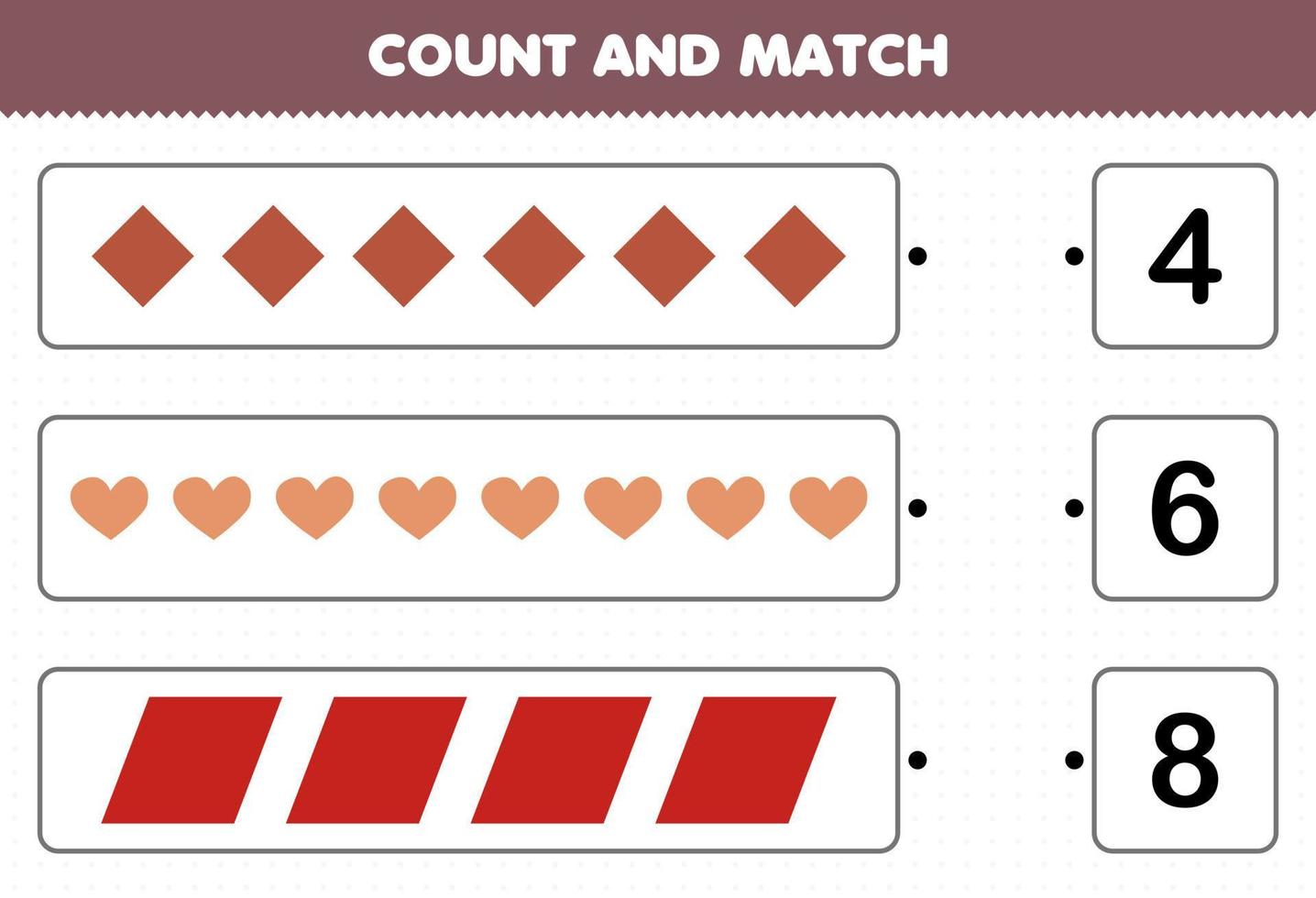 jeu éducatif pour les enfants compter et faire correspondre compter le nombre de forme géométrique losange coeur parallélogramme et faire correspondre avec les bons numéros feuille de calcul imprimable vecteur