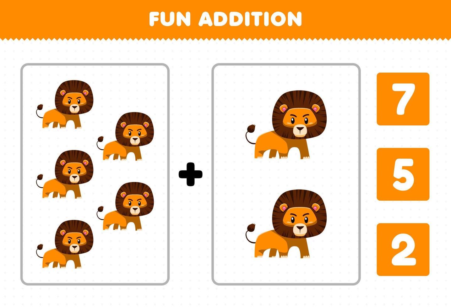 jeu éducatif pour les enfants addition amusante par comptage et choisissez la bonne réponse de la feuille de travail imprimable de lion animal sauvage de dessin animé mignon vecteur