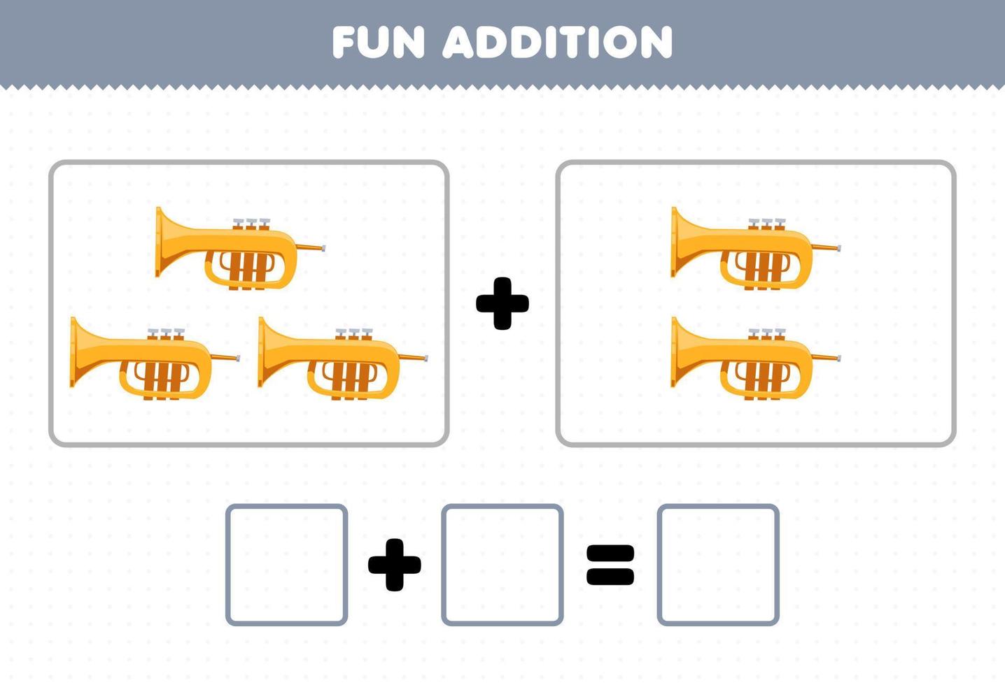 jeu d'éducation pour les enfants ajout amusant en comptant la feuille de travail des images de trompette d'instrument de musique de dessin animé vecteur