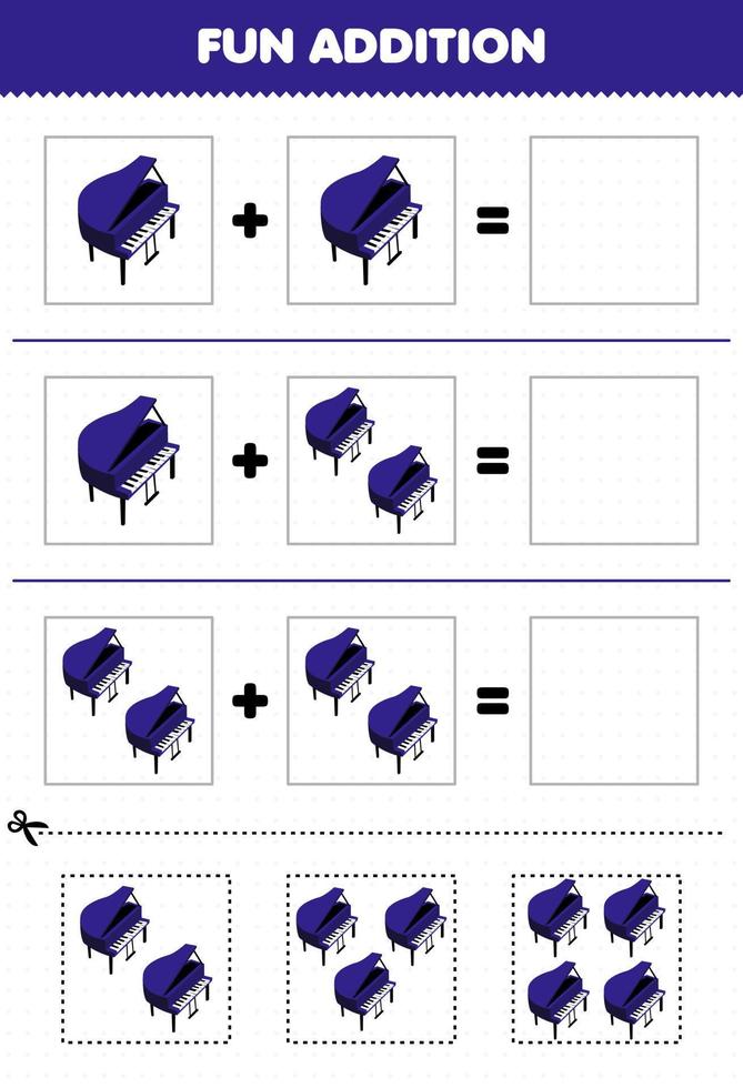 jeu éducatif pour les enfants ajout amusant par coupe et match dessin animé instrument de musique piano images feuille de travail vecteur