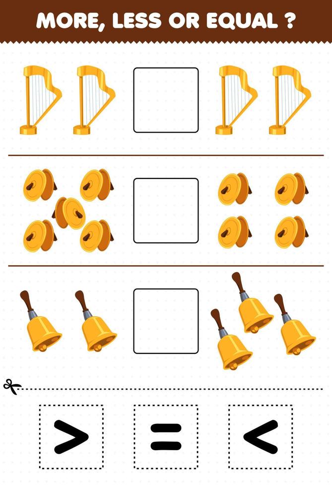 jeu éducatif pour les enfants plus moins ou égal comptez la quantité de bande dessinée instrument de musique harpe cymbales cloche puis coupez et collez coupez le bon signe vecteur