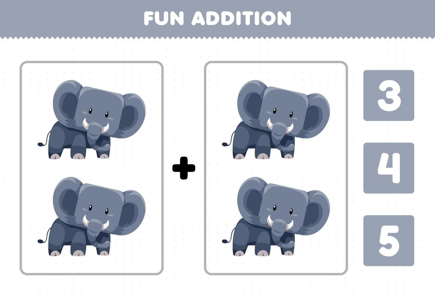 jeu éducatif pour les enfants addition amusante par comptage et choisissez la bonne réponse de la feuille de travail imprimable d'éléphant d'animal sauvage de dessin animé mignon vecteur