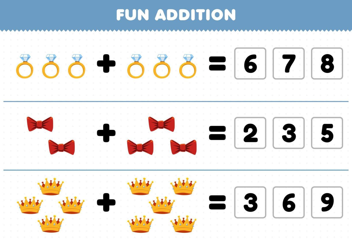 jeu éducatif pour les enfants ajout amusant en devinant le nombre correct d'accessoires portables anneau ruban couronne feuille de travail imprimable vecteur