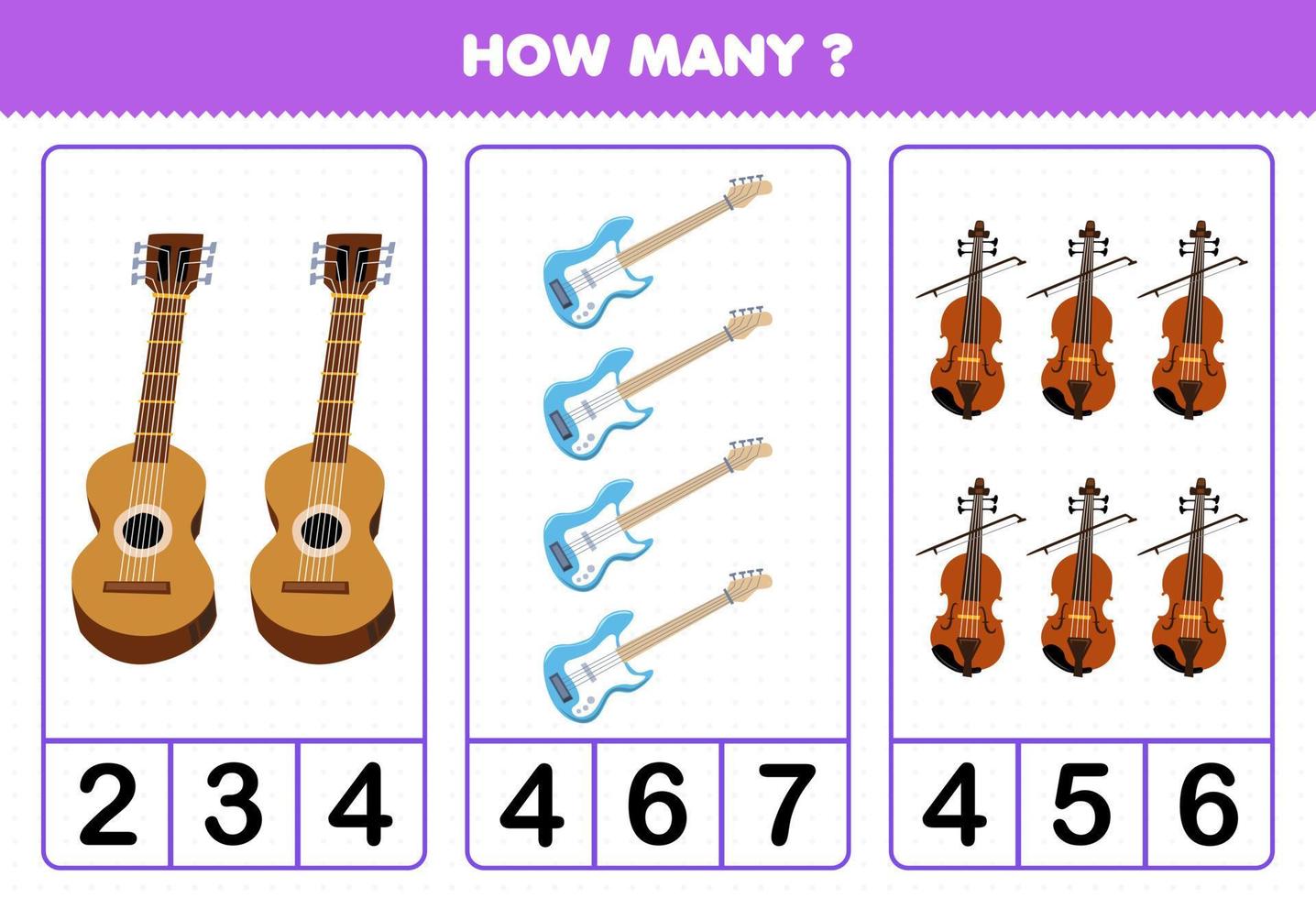 jeu éducatif pour les enfants compter combien dessin animé instrument de musique guitare basse violon feuille de travail imprimable vecteur