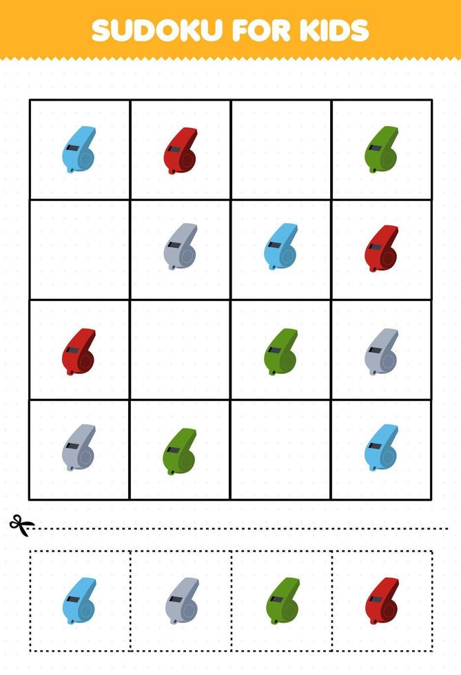 jeu éducatif pour enfants sudoku pour enfants avec dessin animé instrument de musique sifflet image feuille de travail imprimable vecteur