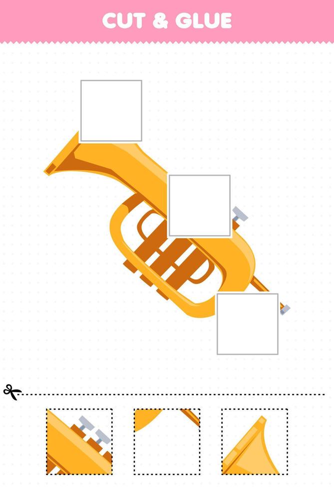 jeu éducatif pour les enfants couper et coller des parties découpées de trompette d'instrument de musique de dessin animé et les coller feuille de travail imprimable vecteur