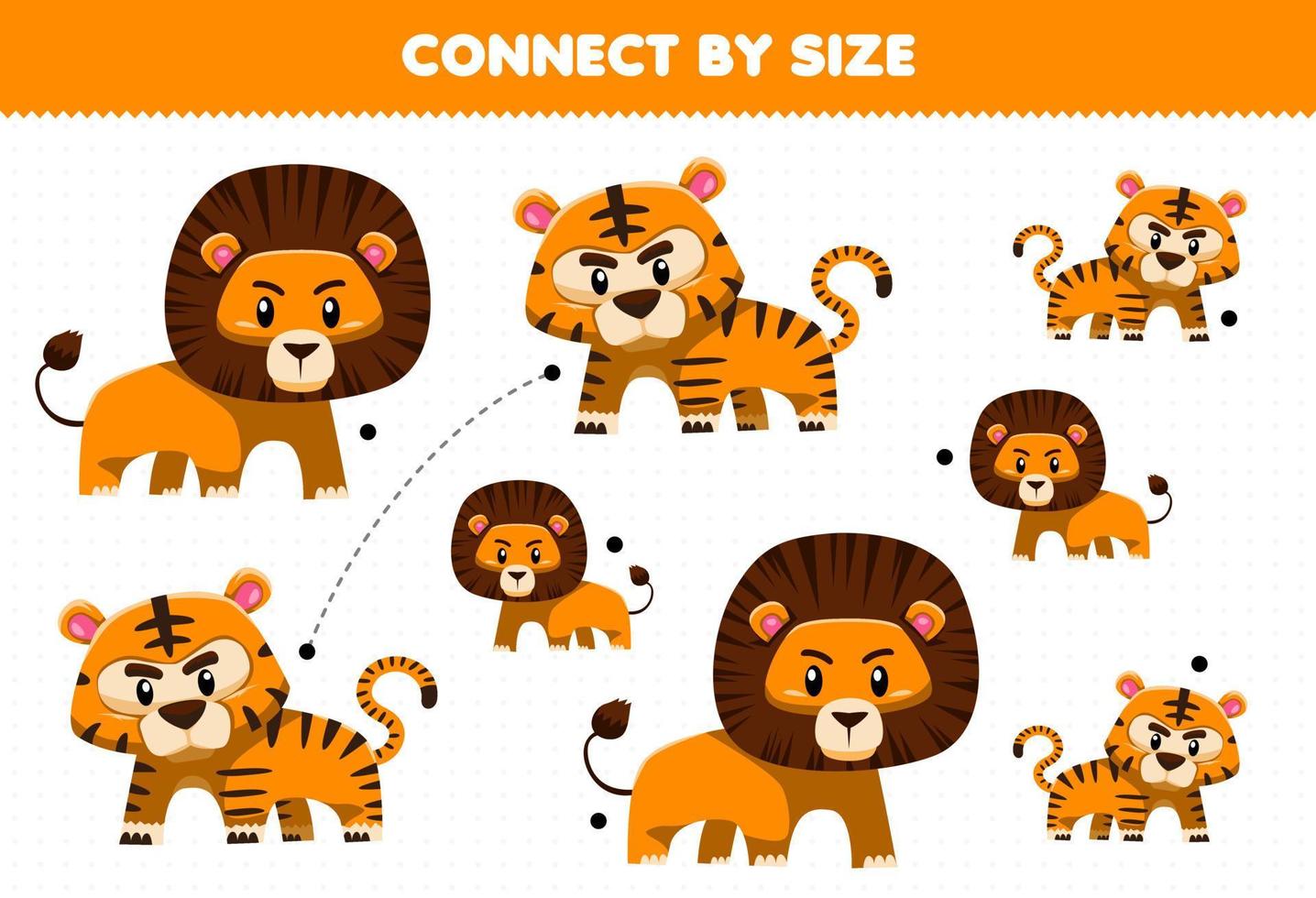 jeu éducatif pour les enfants se connecter par la taille de la feuille de travail imprimable lion et tigre animal de dessin animé mignon vecteur