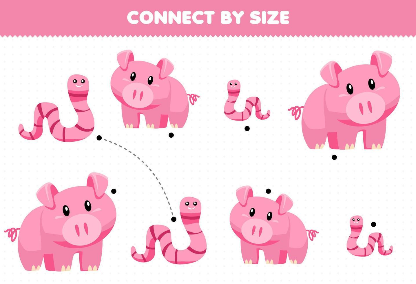 jeu éducatif pour les enfants se connecter par la taille de la feuille de travail imprimable de ver et de cochon d'animal de dessin animé mignon vecteur