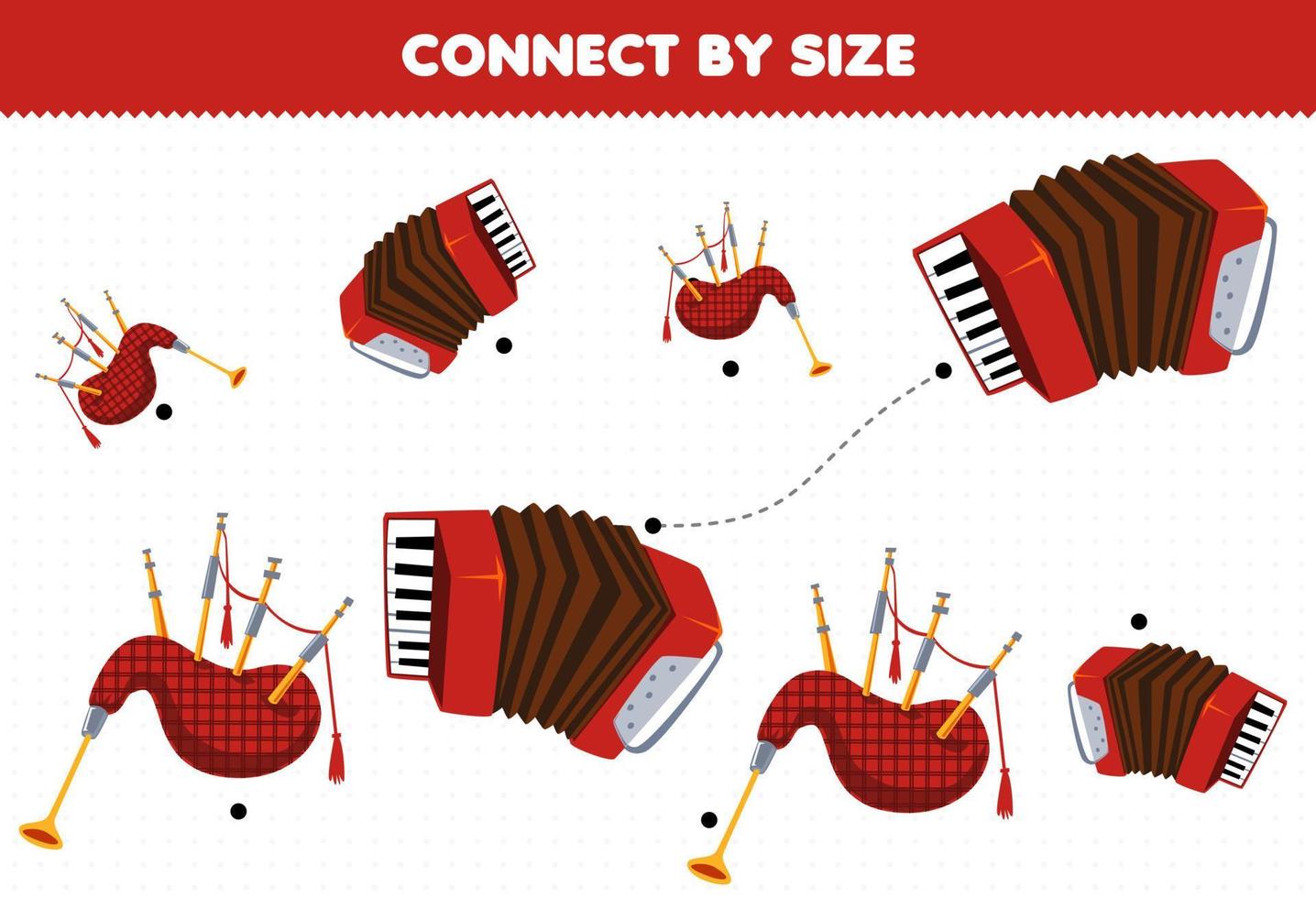 jeu éducatif pour les enfants se connecter par la taille de la feuille de travail imprimable d'accordéon et de cornemuse d'instrument de musique de dessin animé vecteur