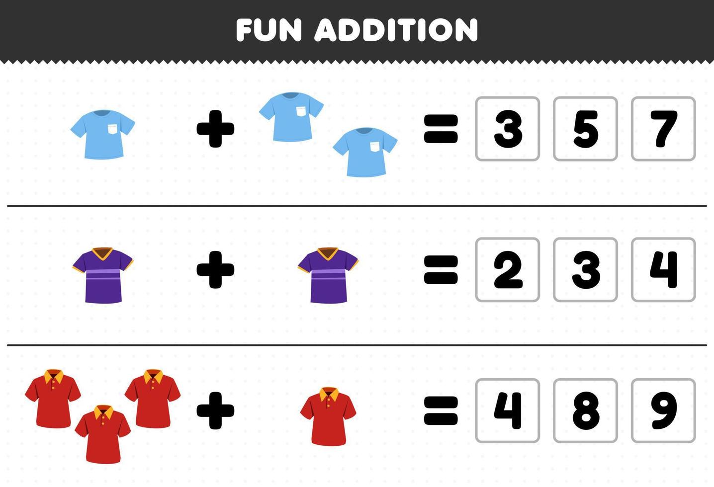 jeu éducatif pour les enfants ajout amusant par devinez le nombre correct de vêtements portables t-shirt jersey polo feuille de calcul imprimable vecteur