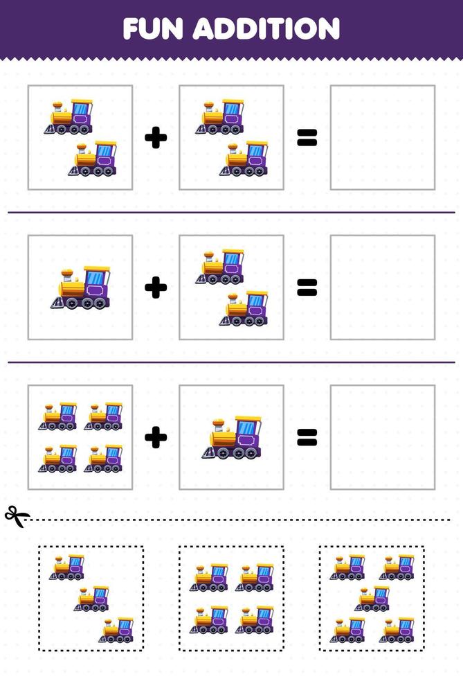 jeu éducatif pour les enfants ajout amusant par coupe et match dessin animé mignon transport train locomotive photos feuille de calcul vecteur