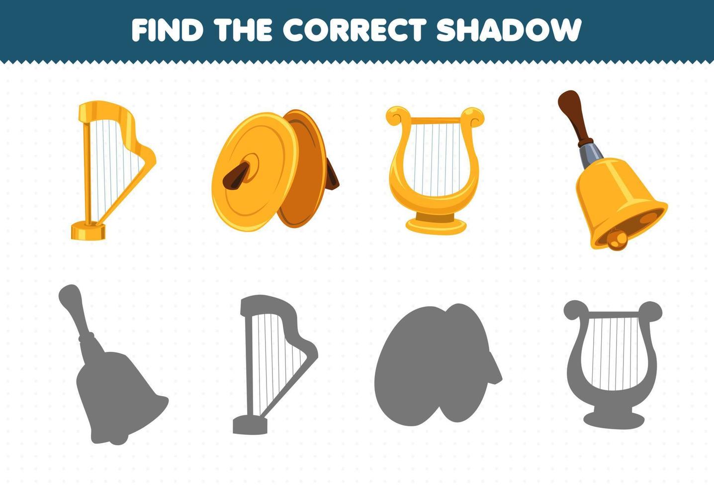 jeu d'éducation pour les enfants trouver l'ombre correcte ensemble d'instruments de musique de bande dessinée harpe cymbales lyre cloche vecteur