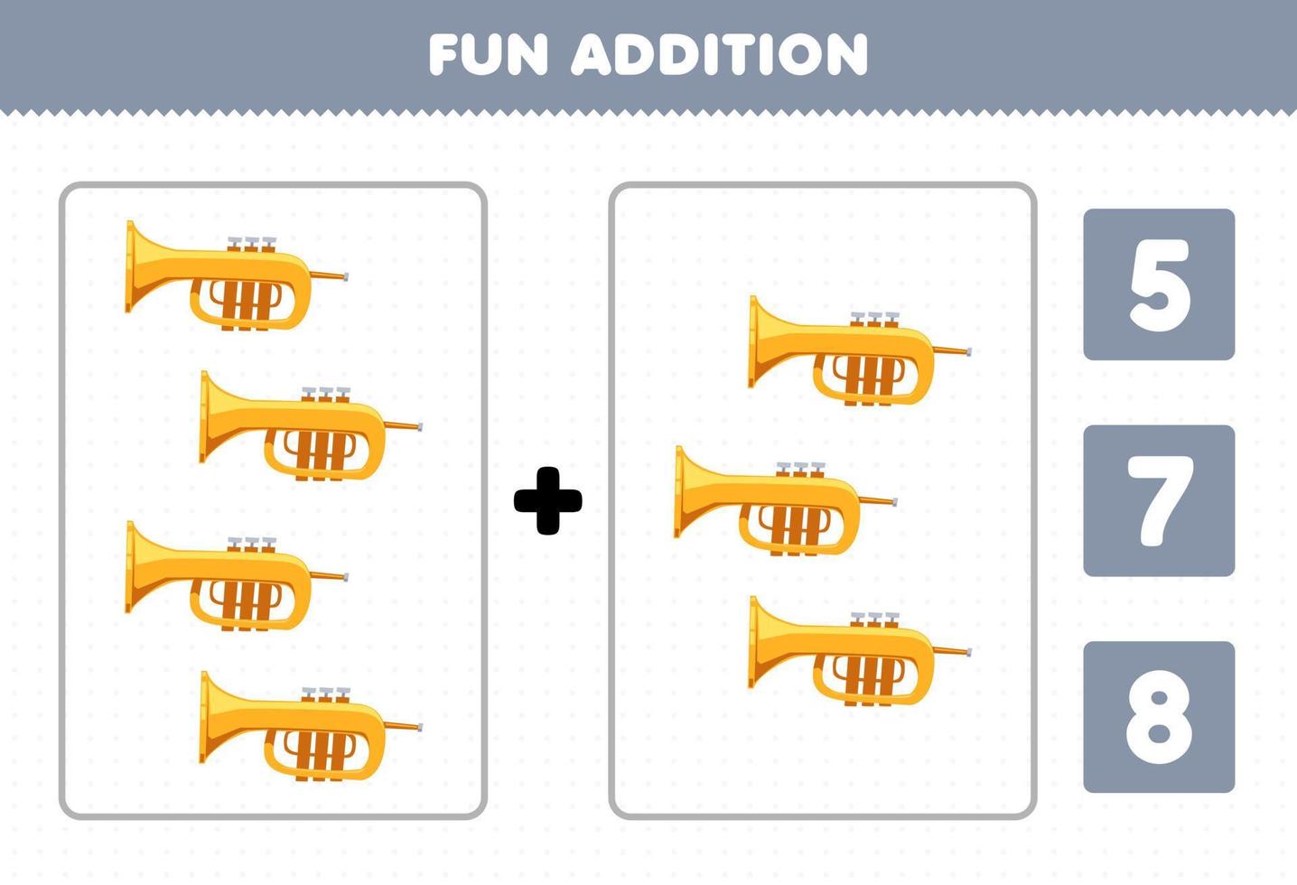 jeu éducatif pour les enfants addition amusante par comptage et choisissez la bonne réponse de la feuille de travail imprimable de trompette d'instrument de musique de dessin animé vecteur