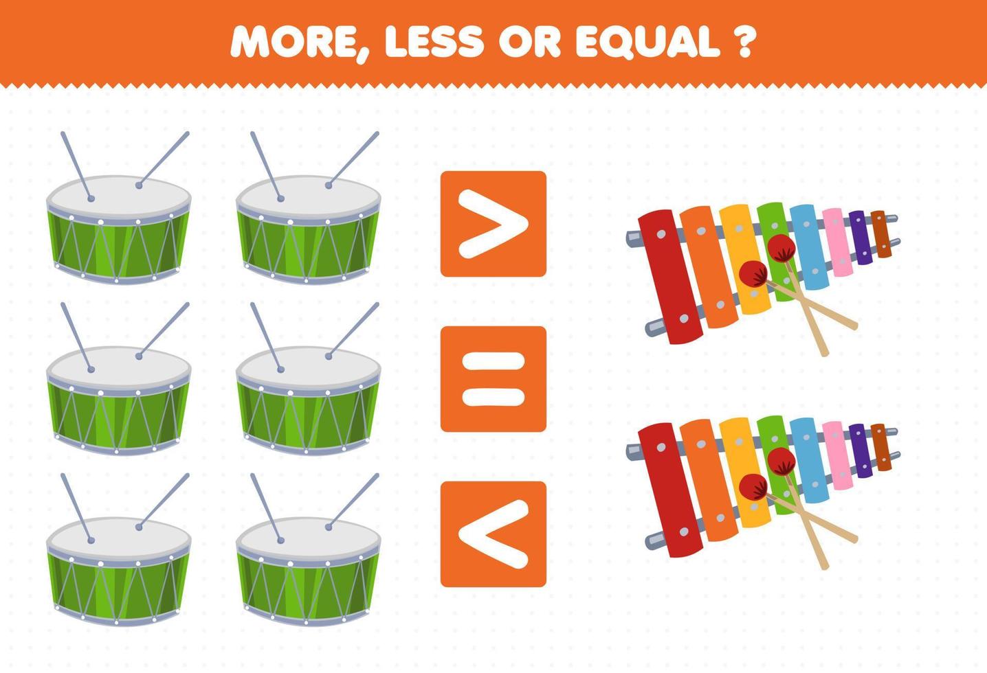 jeu d'éducation pour les enfants plus moins ou égal comptez la quantité d'instrument de musique de dessin animé tambour et xylophone feuille de calcul imprimable vecteur