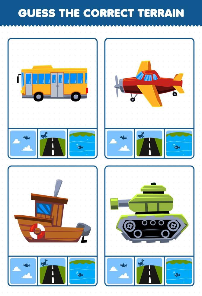 jeu éducatif pour les enfants devinez le bon terrain air terre ou eau de dessin animé transport bus avion navire réservoir feuille de travail imprimable vecteur