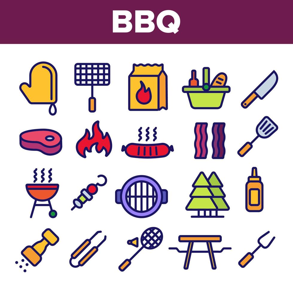 équipement de barbecue, ensemble d'icônes vectorielles linéaires d'outils vecteur
