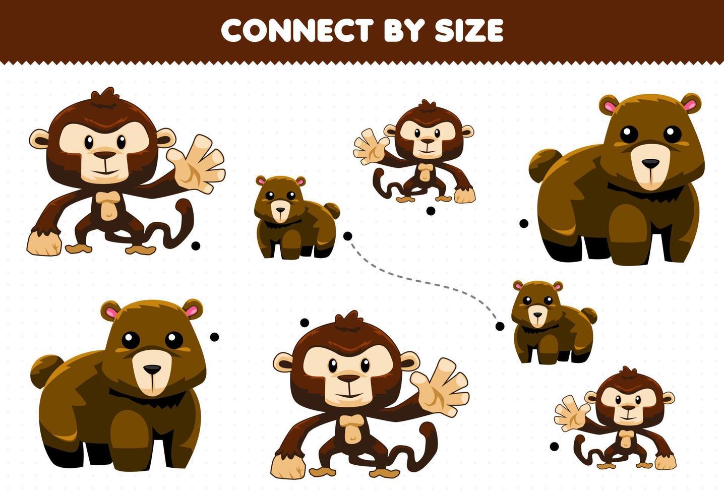 jeu éducatif pour les enfants se connecter par la taille de la feuille de travail imprimable de singe et d'ours d'animaux de dessin animé mignon vecteur