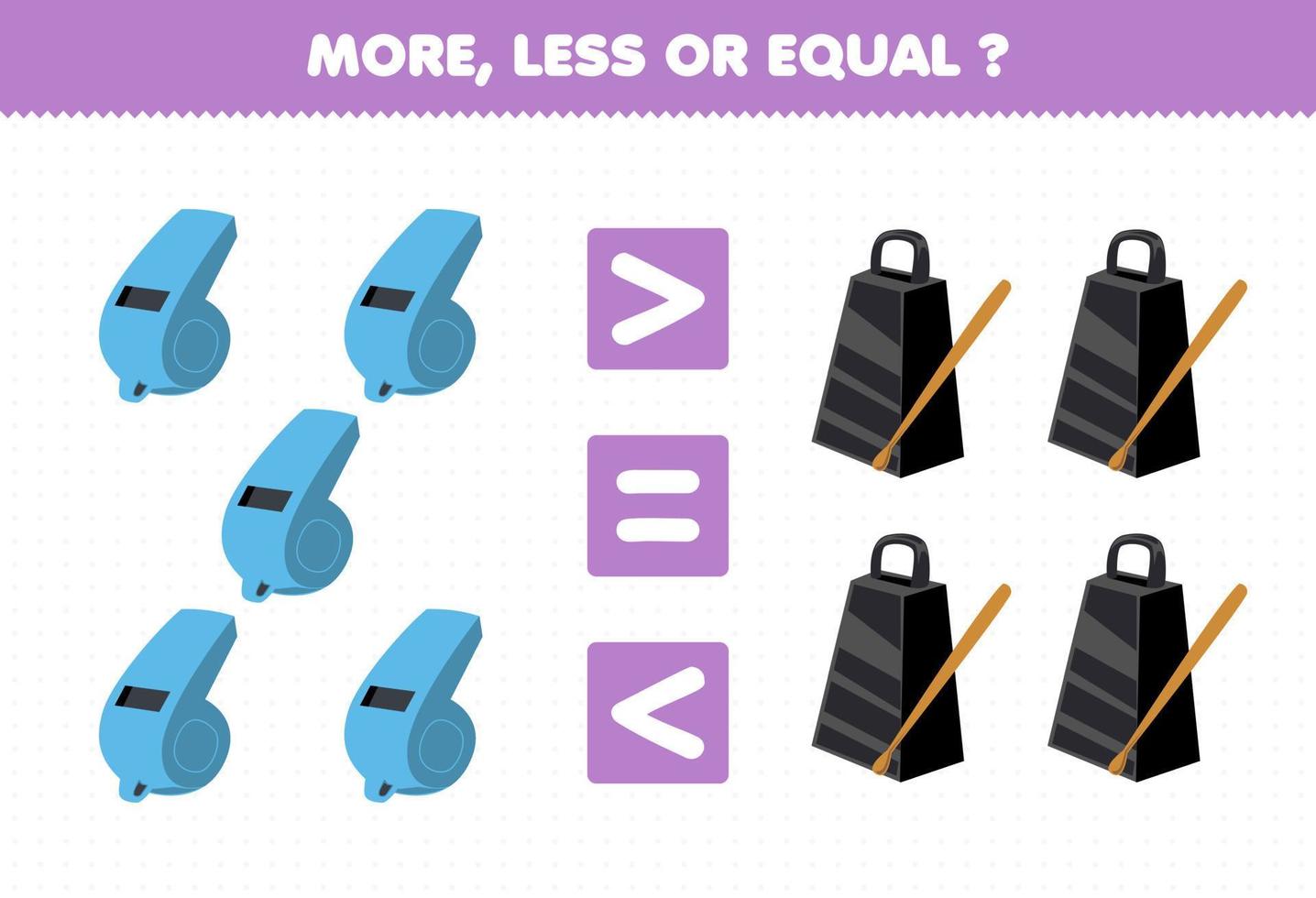 jeu éducatif pour les enfants plus moins ou égal compter la quantité d'instrument de musique de dessin animé sifflet et cloche feuille de calcul imprimable vecteur