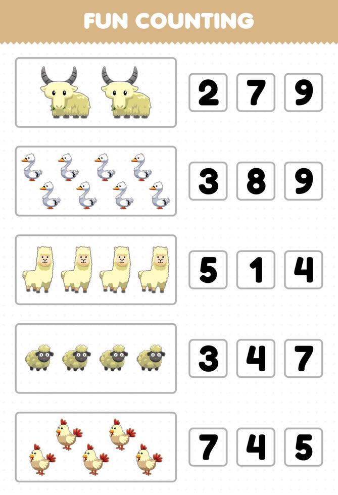 jeu éducatif pour les enfants amusement compter et choisir le bon nombre de dessin animé mignon animal blanc cygne blanc lama mouton poulet feuille de travail imprimable vecteur