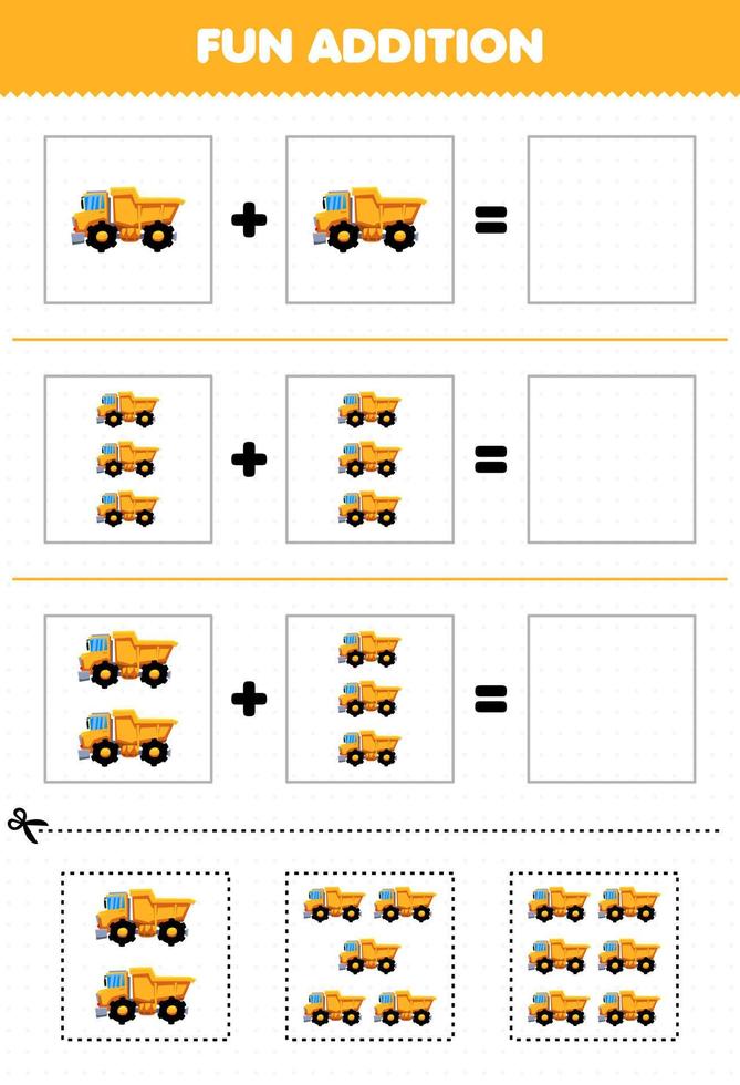 jeu éducatif pour les enfants ajout amusant par coupe et correspondance dessin animé mignon transport machine lourde camion à benne basculante photos feuille de travail vecteur