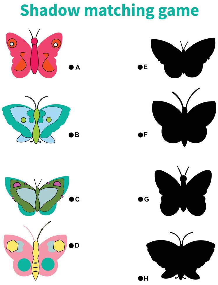 activité d'association d'ombre de papillons pour les enfants. puzzle de printemps amusant avec des insectes mignons. vecteur