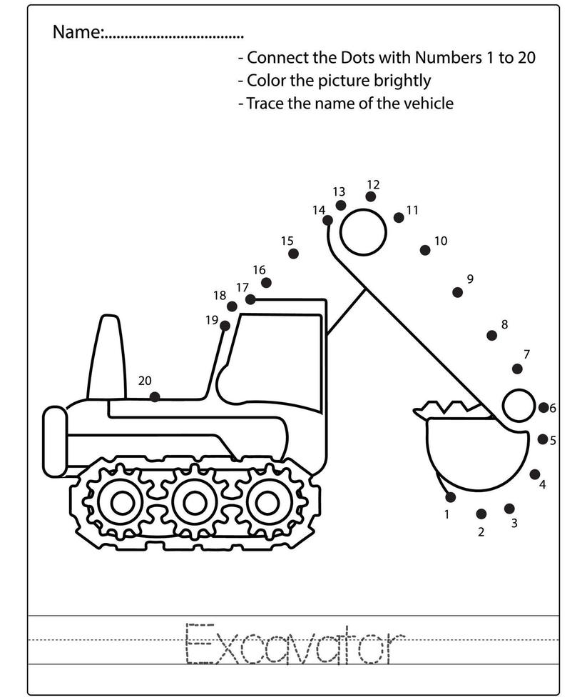 feuille de travail de puzzle point à point pour enfants dessin dessin animé véhicule de construction. jeu éducatif de trace et de couleur. vecteur
