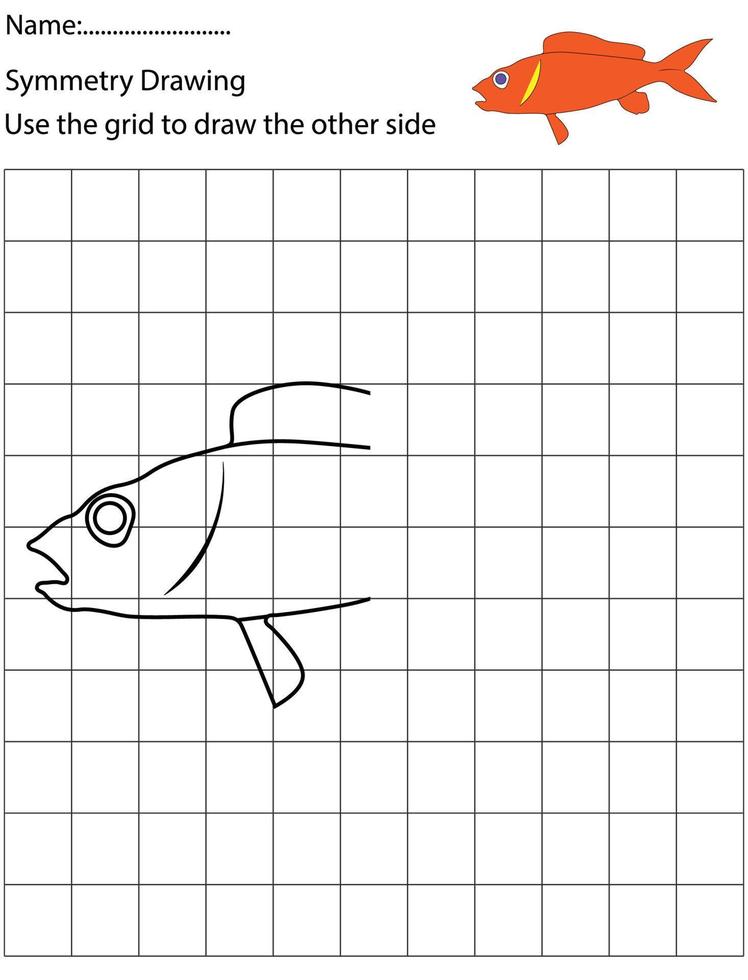 Complétez l'image, poisson de dessin animé noir et blanc, formation aux techniques de dessin, activité préscolaire pour enfants. vecteur