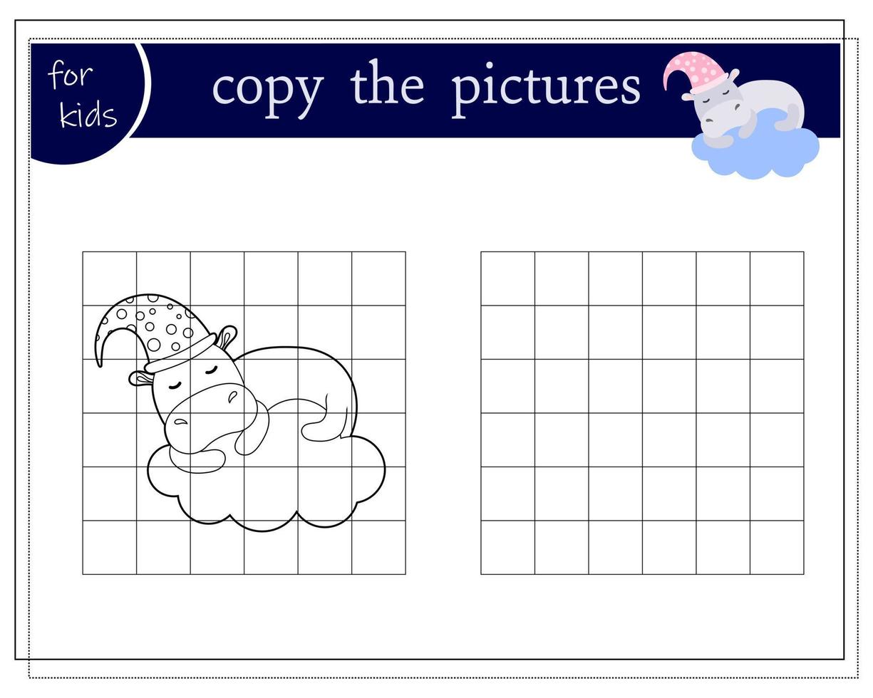 copier l'image, jeux éducatifs pour les enfants, hippopotame mignon dormant sur le nuage. vecteur isolé sur fond blanc