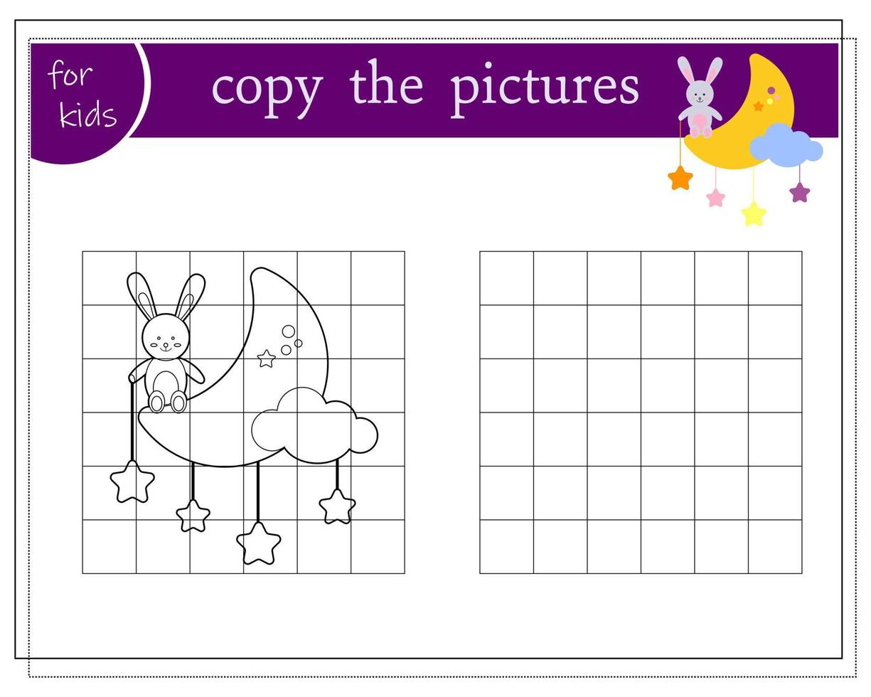 copier l'image, jeux éducatifs pour les enfants, le lièvre est assis sur la lune. vecteur isolé sur fond blanc