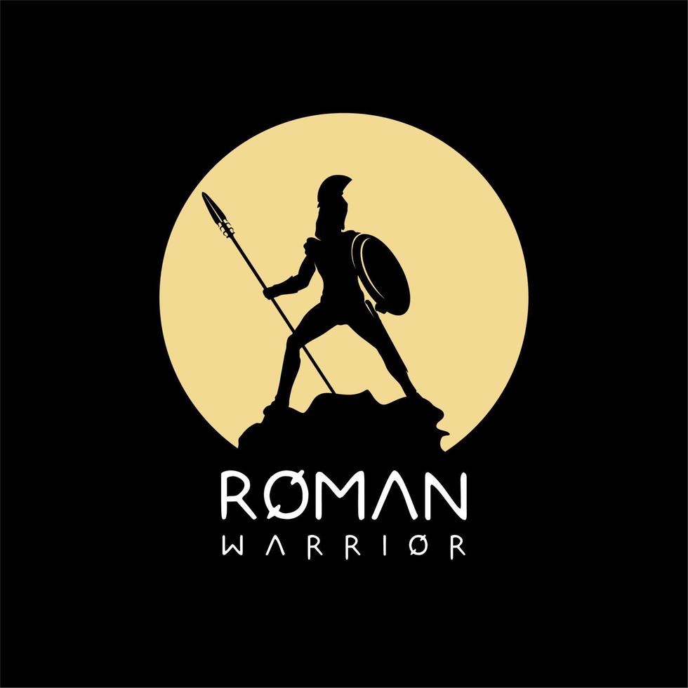 silhouette de soldat chevalier de la guerre romaine antique debout sur un rocher tenant une conception de vecteur de lance et de bouclier