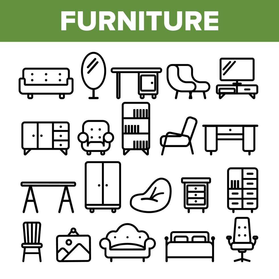 vecteur de jeu d'icônes de ligne de meubles de chambre. conception d'armoires intérieures. éléments de mobilier de chambre à la maison. illustration web contour mince