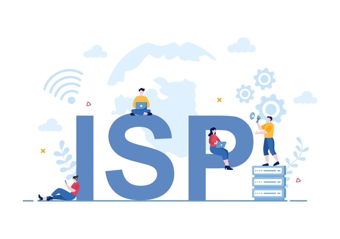 fai ou illustration de dessin animé de fournisseur de services internet avec des mots clés et des icônes pour l'accès à l'intranet, la connexion réseau sécurisée et la protection de la vie privée vecteur