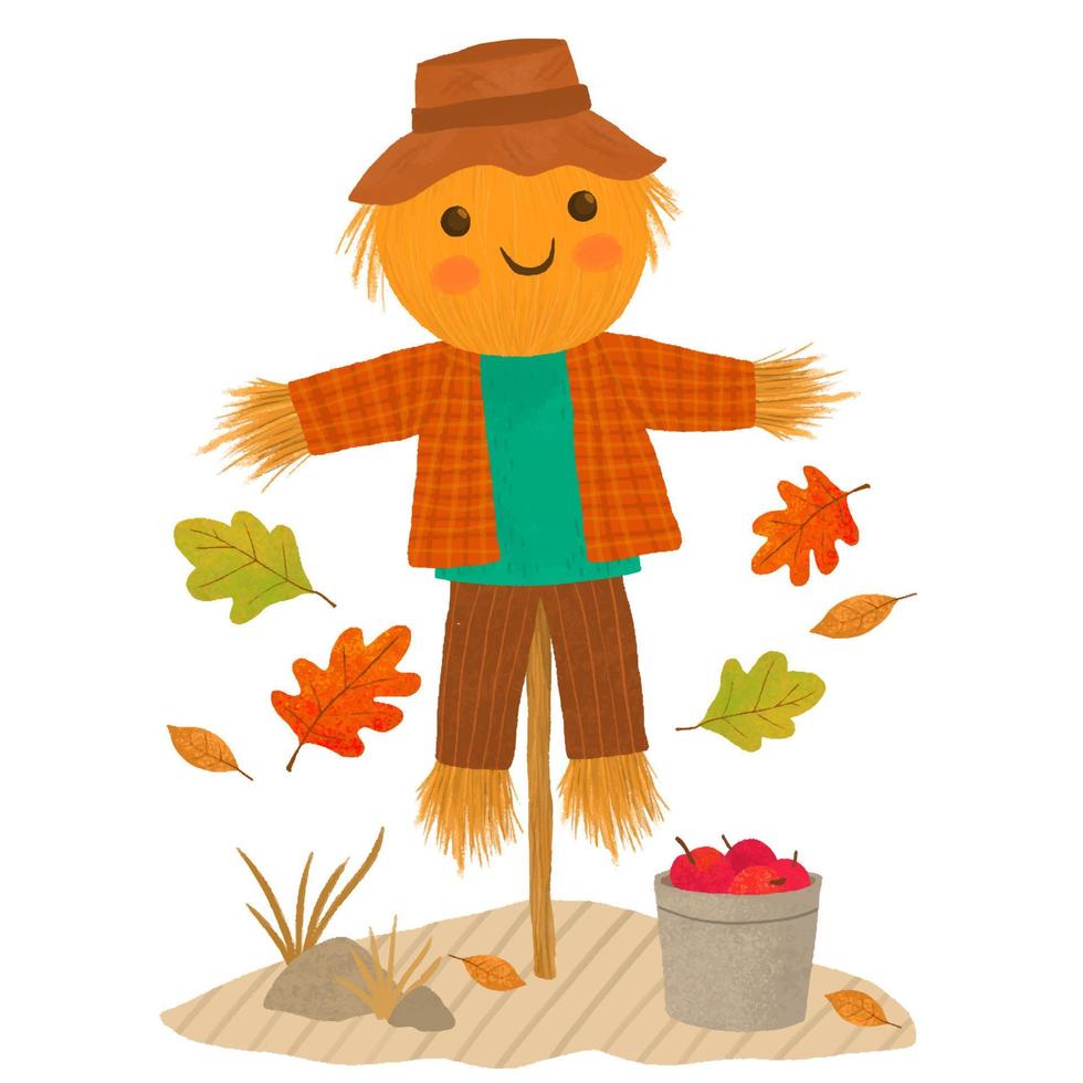 dessiner à la main la récolte d'automne avec un joli épouvantail et des pommes vecteur