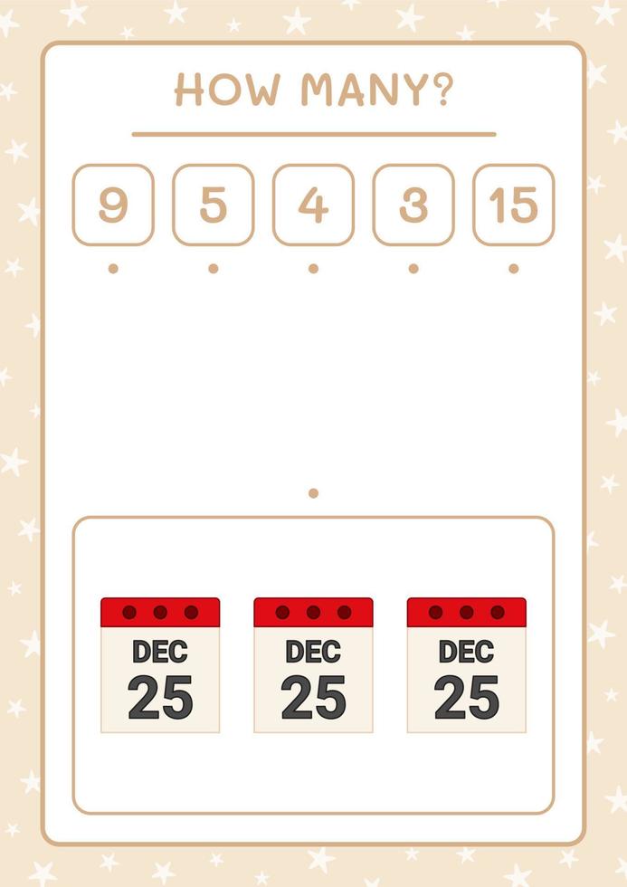 combien de calendrier de noël, jeu pour enfants. illustration vectorielle, feuille de calcul imprimable vecteur