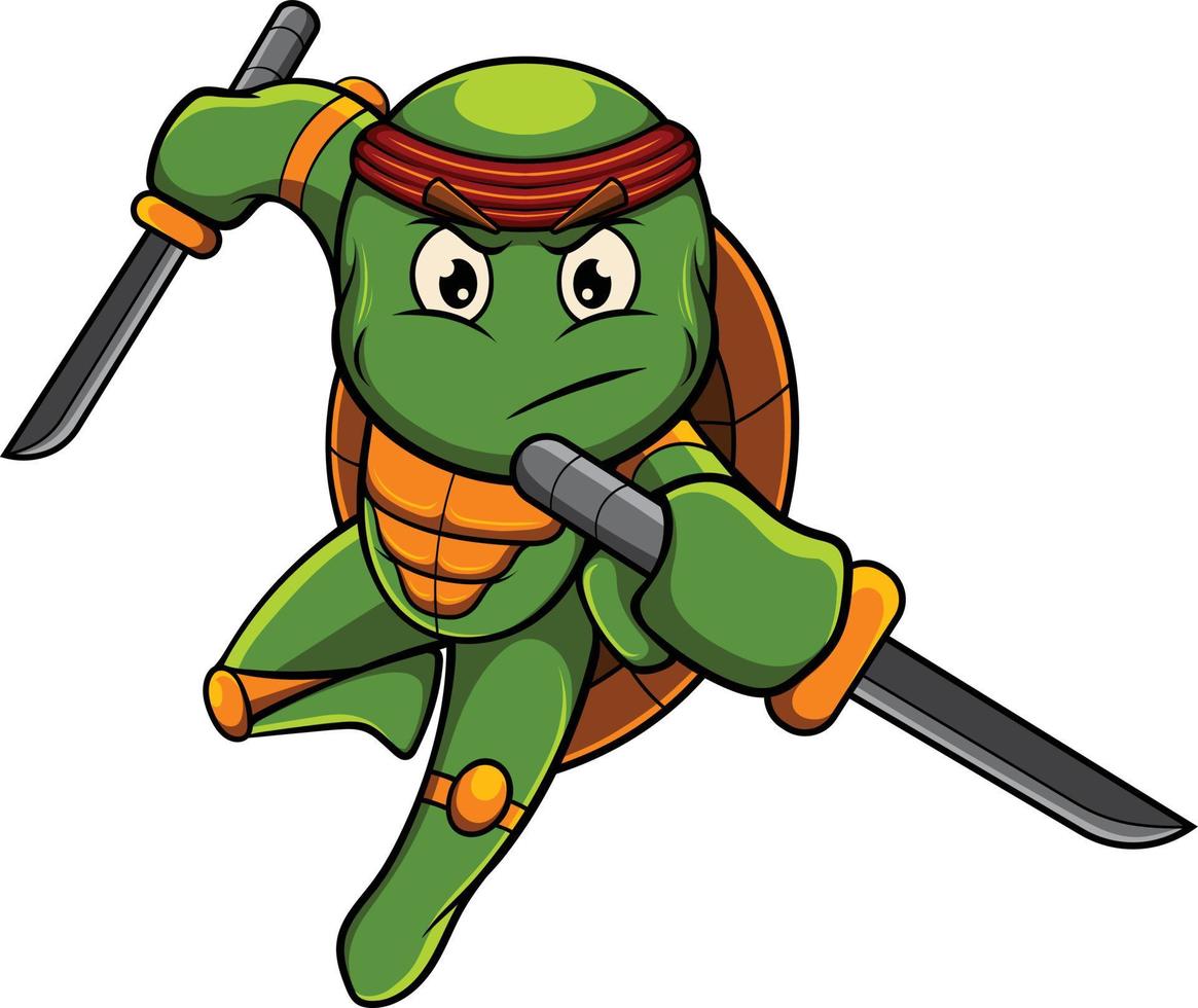 illustration de mascotte de tortue avec pose de ninja vecteur