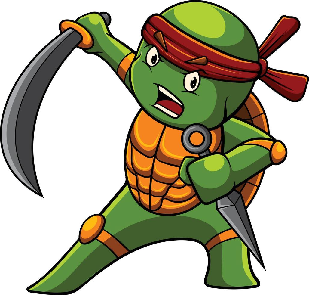 illustration de mascotte de tortue avec pose de ninja vecteur