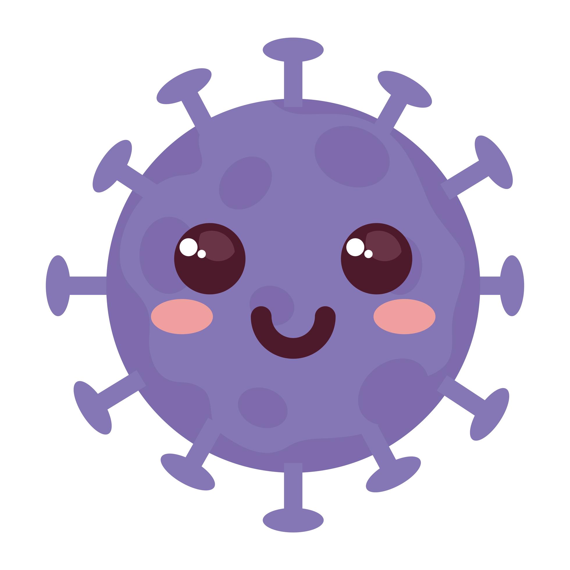 Emoji de coronavirus en carton, cellule violette avec visage, émoticône