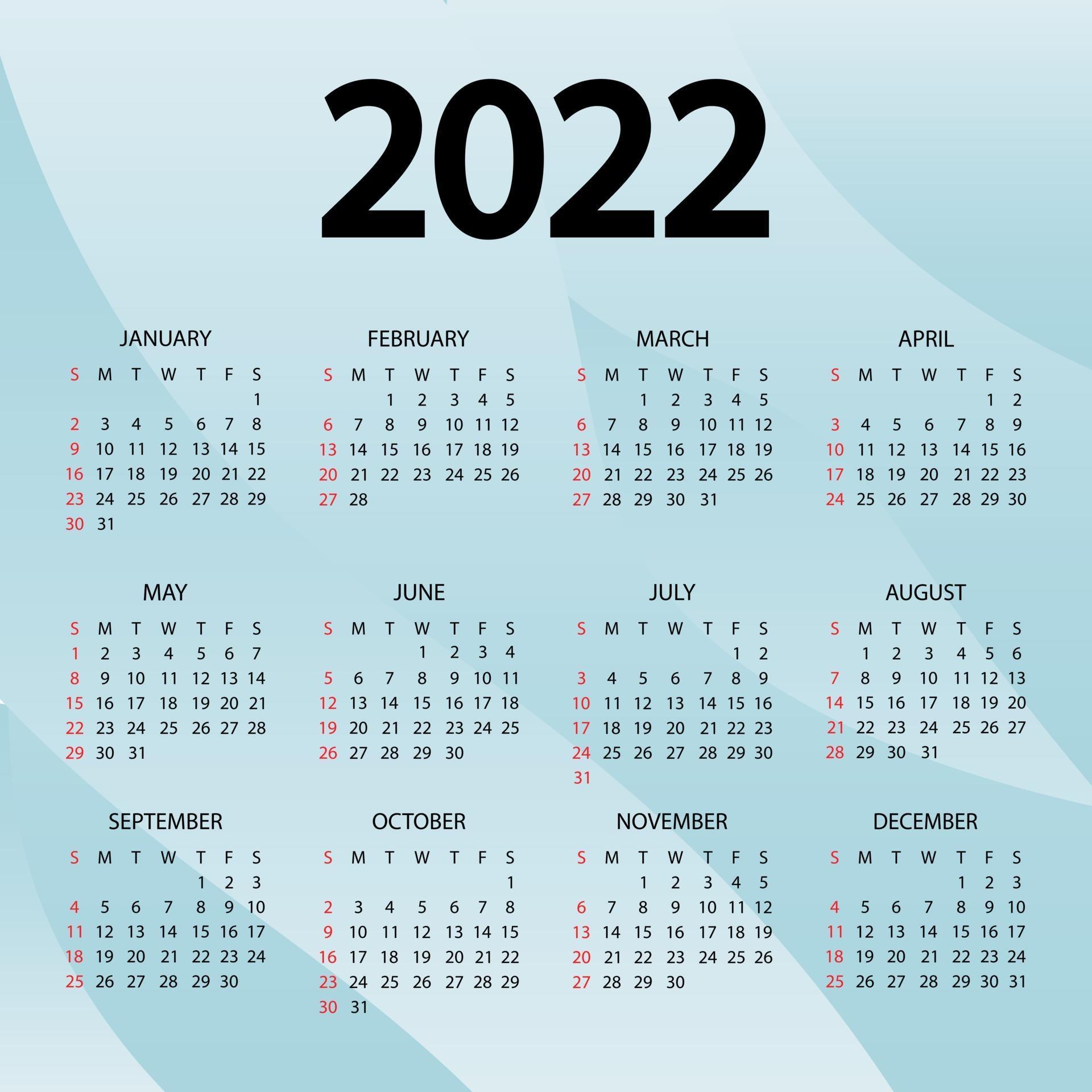 Calendrier 2022 Année Illustration Vectorielle La Semaine Commence