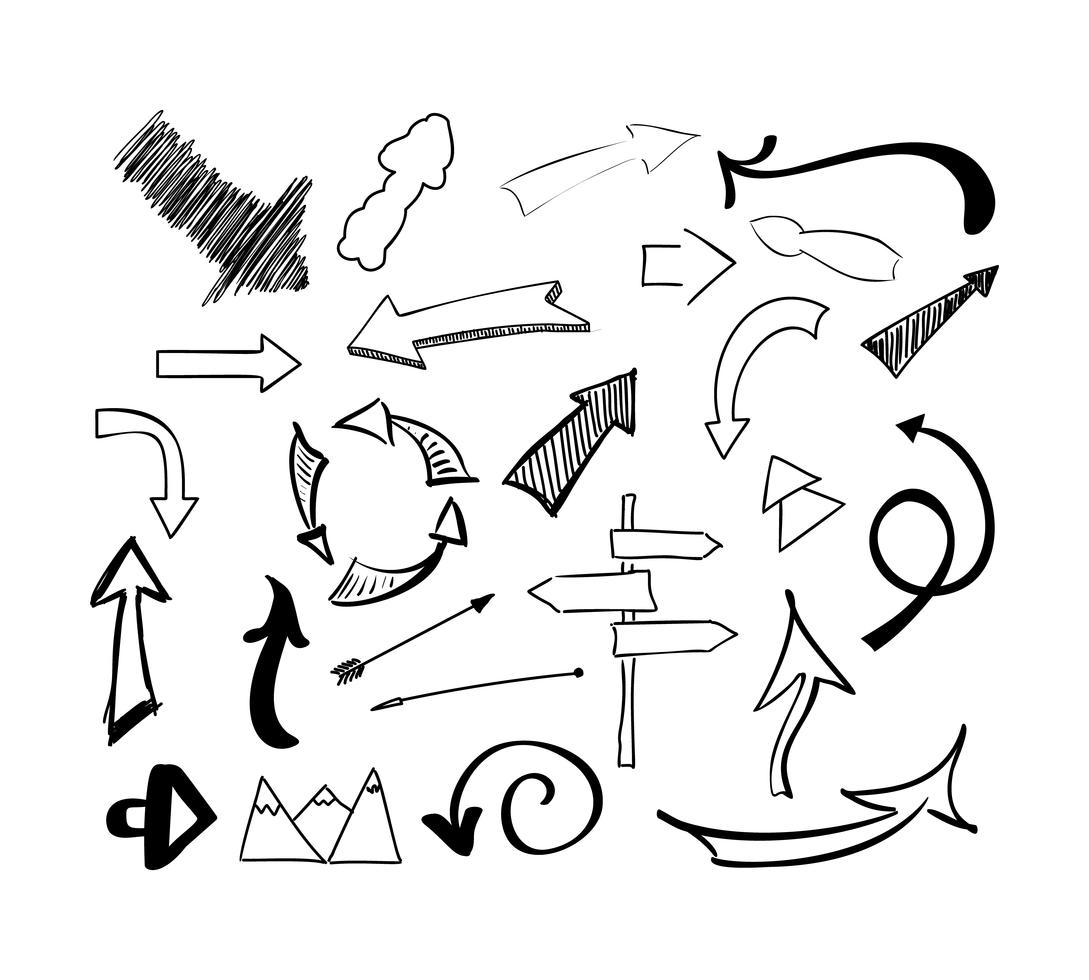 Croquis dessinés à la main doodle jeu de flèches vectorielles. Illustration isolée sur fond blanc vecteur