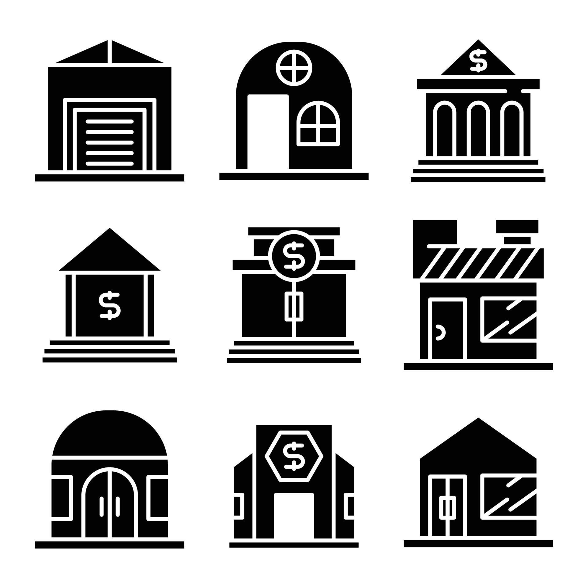 banque, boutique, jeu d'icônes de construction de maison vecteur