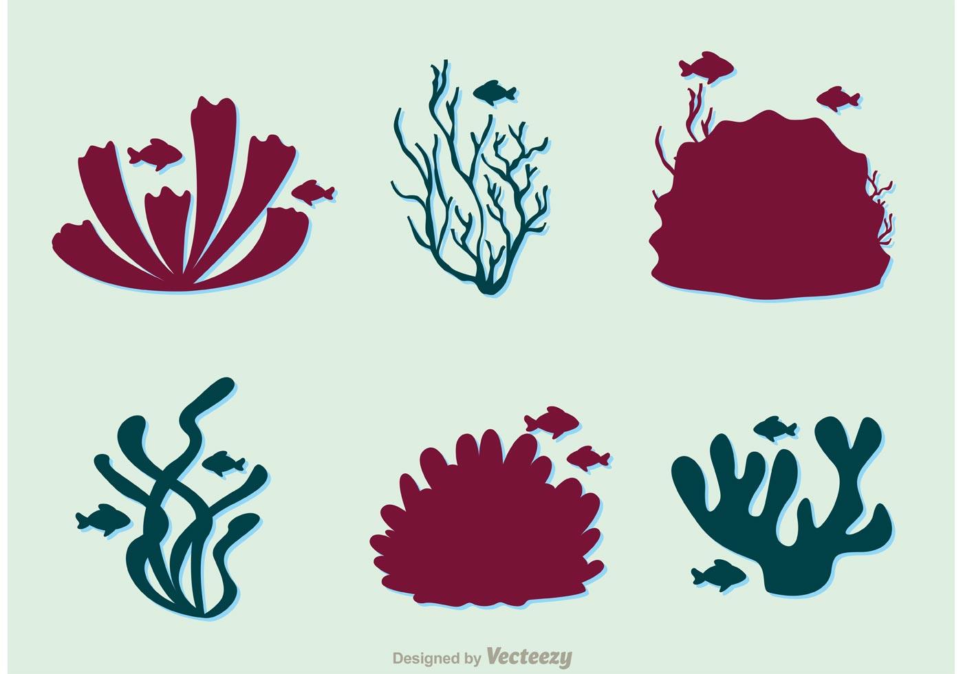 Silhouette Ensemble de récifs coralliens et de poissons vecteur
